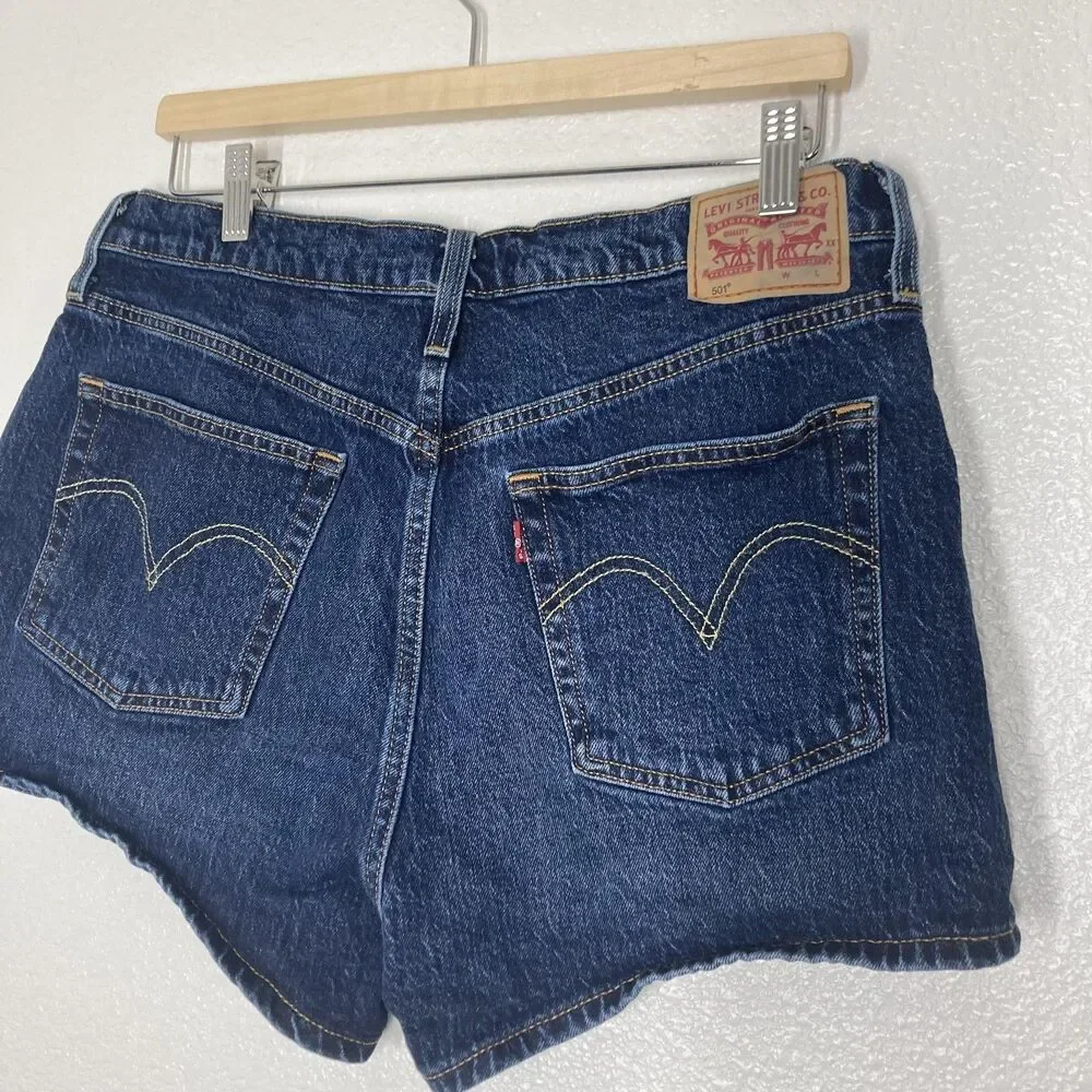 Levis 501 Shorts womens 33 Blue Denim Jean Button Fly Stretch Bermuda Casual